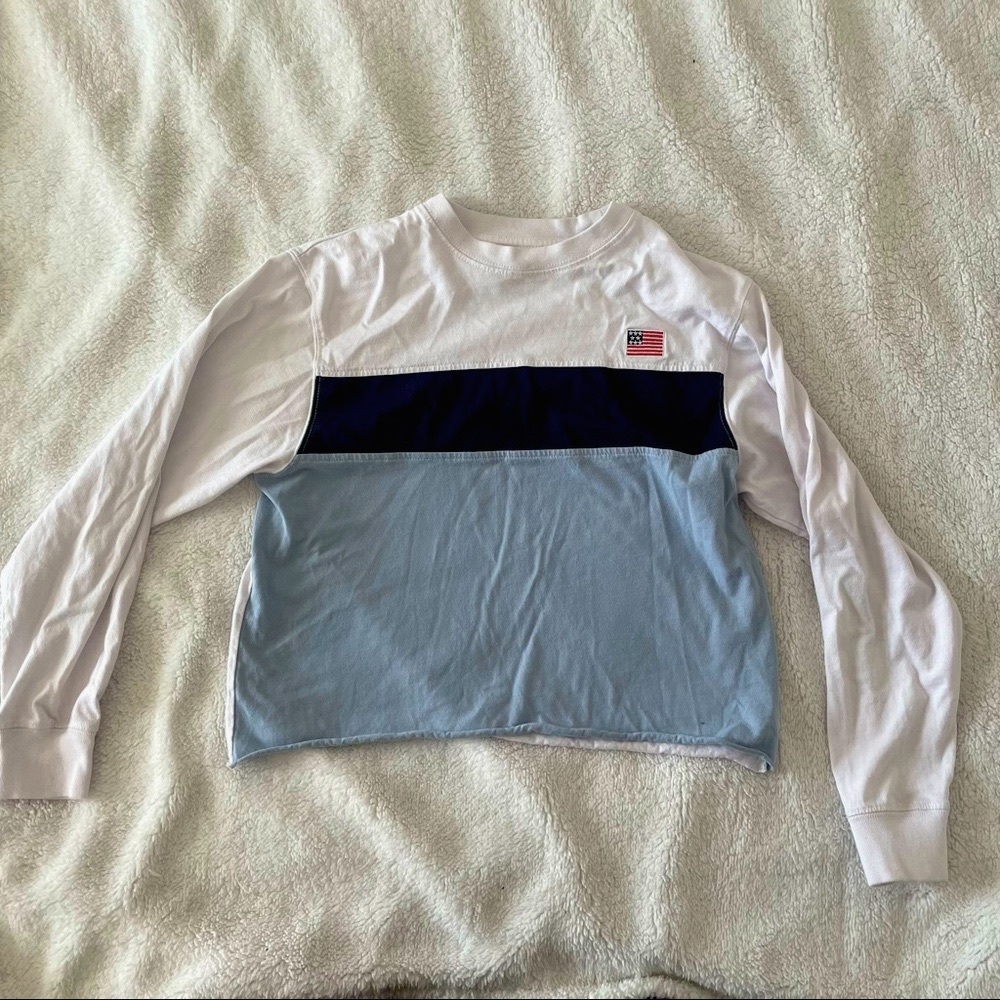 Mighty Fine Colorblock American Flag Patch Cropped Long Sleeve Shirt size S